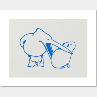 Minimalist art of a funny event with Pelican and Capybara in blue ink Posters and Art